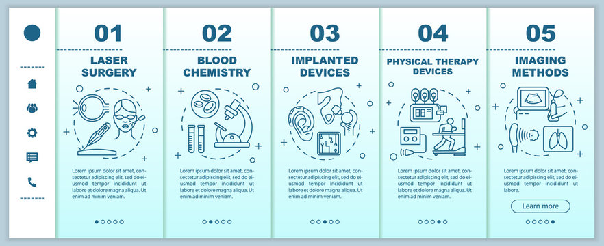 Biomedical engineering onboarding mobile web pages vector template. Blood chemistry. Responsive smartphone website interface idea, linear illustrations. Webpage walkthrough step screens. Color concept
