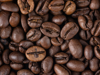 Top view, closeup of coffee beans.