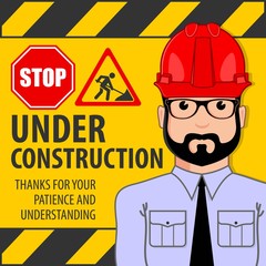 Under construction design concept with engineer in hard hat. Flat style vector illustration