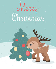 Merry christmas card with cute baby dear with Christmas ball and Christmas tree. Vector illustration