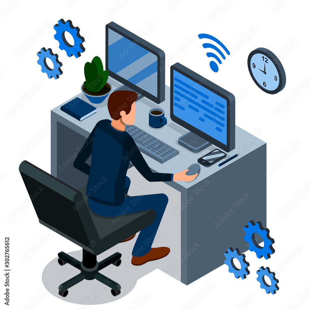 Poster isometric programming concept. programmer is working at his work place, over him are abstract icons 