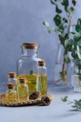 Set of glass bottles with eucalyptus essential oil on grey table leaves in vase