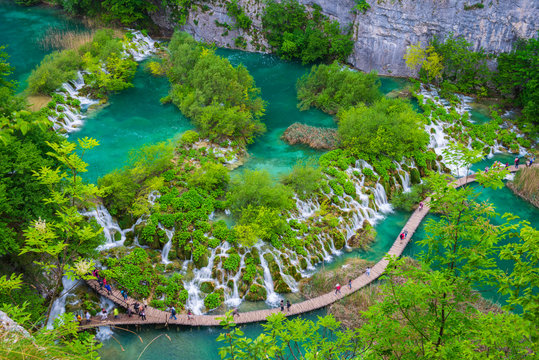 Aerial view of the boardwalk at Plitvice Lakes National Park, Croatia
