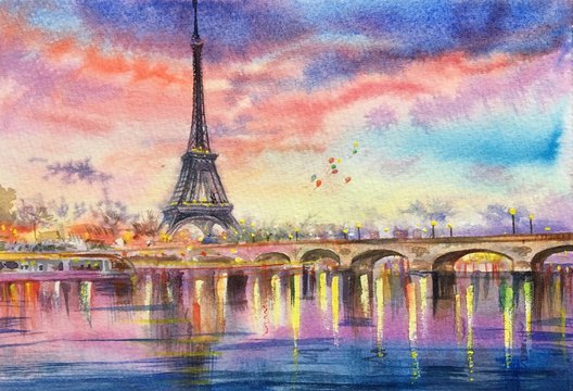 Watercolor Eiffel Tower in Paris France. Sunset in Paris. Landscape panoramic view on the Eiffel tower. Horizontal view, copy-space. Template for designs, invitation, card, border, posters. Blue, pink