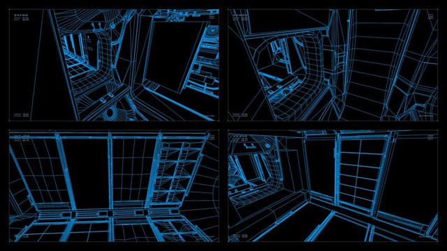 Visual display / playback screen: 3D schematic scans of sections of the ISS, readouts and indicators. Elements of this image furnished by NASA