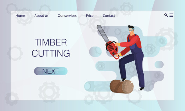Brutal lumberjack with overalls and goggles stands on the trunk of a felled tree with chainsaw. Website concept, landing page design template