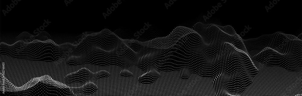 Poster Abstract digital wave of particles. Futuristic point wave. Landscape background vector. Vector illustration