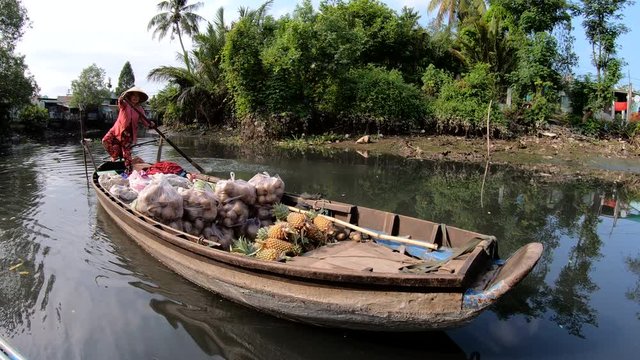 Female using oars to maneuvre floating market Vietnam 