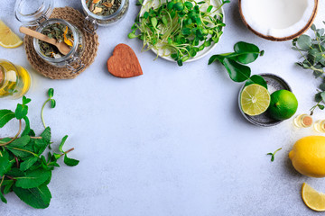Organic food herbs coconut lime top view