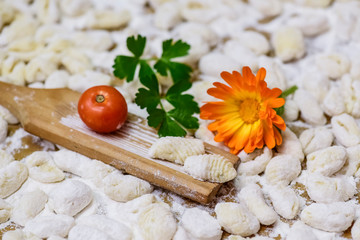 Homemade gnocchi, prepared on the table with ingredients.