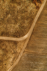 Aerial view of dusty dirt road through grassy plain landscape