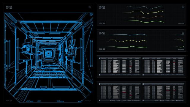 Visual display / playback screen: 3D schematic flythrough of sections of the ISS, readouts and indicators. Elements of this image furnished by NASA