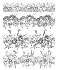 Graphic vector plant sets with wild rose flowers and flower buds