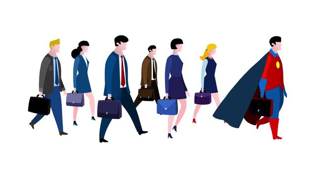 Please follow me!A group of cartoon business people walking. They follow a leader – superhero. Business team characters animated version. Business cartoon animations serie. 