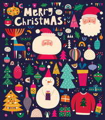 Fototapeta premium Christmas decorative illustration with incredible characters in vintage style