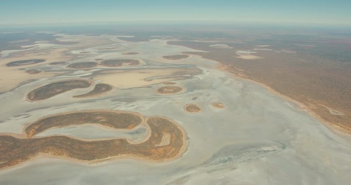 Aerial remote desert view dried salt pans Australia