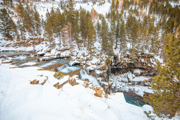 Ordesa National Valley in snowy autumn, located in Pyrenees Spain