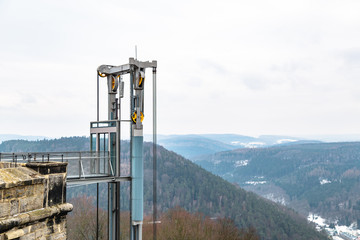 Glass elevator to stone observation deck in Saxon