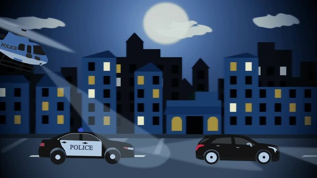 Police chasing the offender at night. Animated cartoon