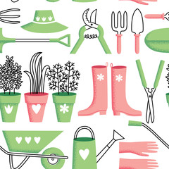 Tools for garden. Gardening seamless pattern. Vector illustration.