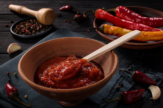Harissa - a middle eastern hot red chili pepper paste. View from above.