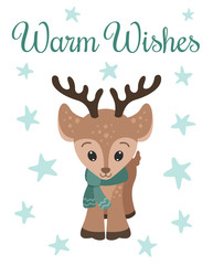 Merry Christmas greeting card with cute baby deer in the turquois scarf, vector illustration with stars and Warm Wishes sign 