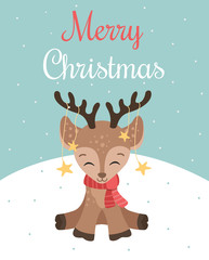 Fototapeta na wymiar Merry Christmas greeting card with cute baby deer in the red scarf, vector illustration 