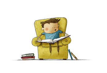 Little boy in the age of learning to read. Funny illustration of a boy sitting in an armchair with an open book. isolated.