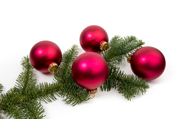 Fototapeta na wymiar a Christmas tree branch with large red glass ornaments isolated on white