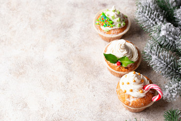 Christmas festive cupcake with different decorations