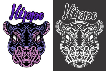 Vintage animal face hippo isolated vector illustration on a white background.