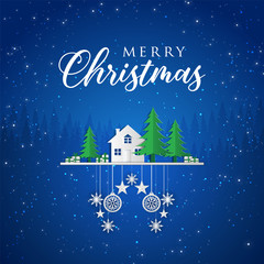 Christmas blue background with a white house and green trees.