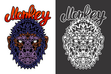 Vintage animal face monkey isolated vector illustration on a white background.