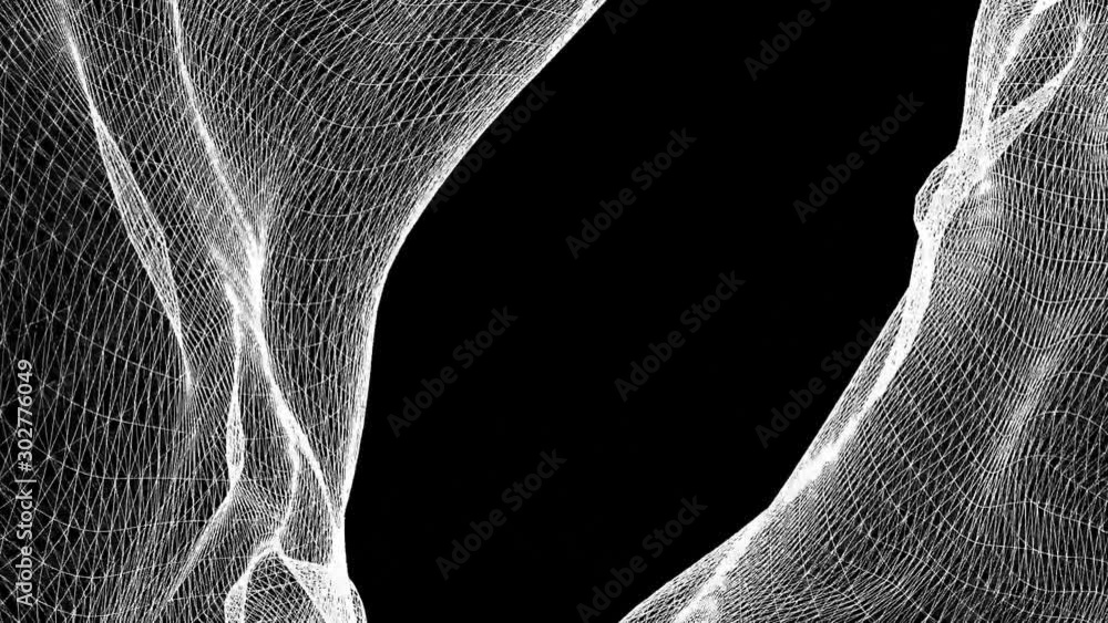 Poster white three-dimensional grid slowly deforms on a black background. 3d rendering abstraction