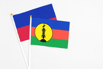 Fototapeta premium New Caledonia and Haiti stick flags on white background. High quality fabric, miniature national flag. Peaceful global concept.White floor for copy space.