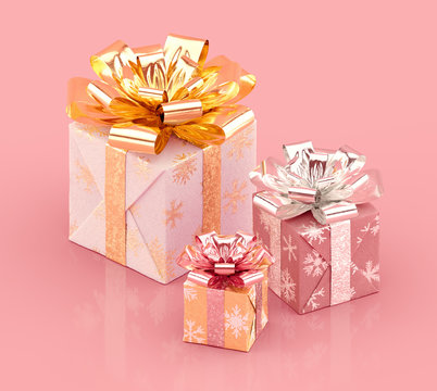 Christmas gifts, different gift boxes with bright bows. Realistic 3D rendering.
