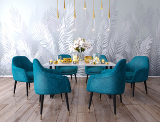 Interior dining area with a bright accent element.
