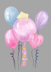 Colorful balloons isolated on grey background. Picture. Birthday decorations and holidays concept, watercolor.