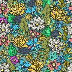 Wandaufkleber Bright green doodle floral seamless pattern with mess of color flowers and leaves. Childish summer texture with blossoms and herbs bouquet for textile, wrapping paper, background, surface, wallpaper © Tatahnka