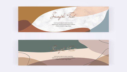 Web banners with geometric design, abstract mid century shapes and marble texture. Modern templates for invitation, logo, card, flyer, poster, save the date