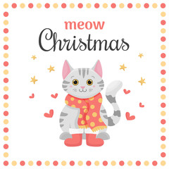 Merry Christmas and Happy New Year card with cute cat in knitted scarf and red little boots. Cute vector illustration background for Merry Christmas greeting card 2020  