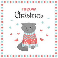 Meow Christmas card with cute scottish fold cat in knitted sweater. Cute vector illustration background for Merry Christmas greeting card. 