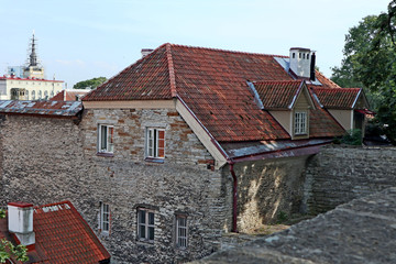 Medieval stone fortress old buildings in Tallinn Estonia. Capital baltic europe traditional city. Traveling explore landmarks