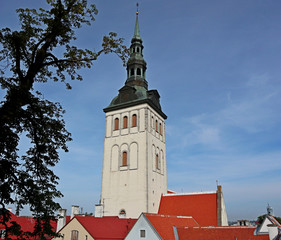 Fototapeta premium Tallinn white tower on blue sky old city travel historical building high up on red roofs 