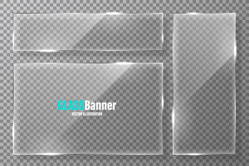 Glass frames collection. Realistic transparent glass banner with glare. Vector design element.