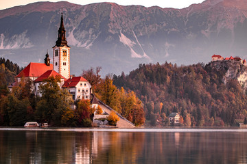 church on the Bled lake in Slovenia at sunrise