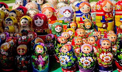 Fototapeta premium A large number of colorful Russian dolls close-up