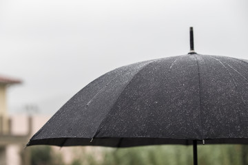 Rain And Wind On Black Umbrella - Weather Concept.