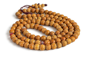Buddhist prayer beads made of dried seeds of bird cherry, on a white background