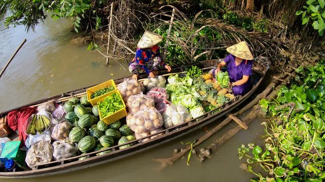 Floating market fresh fruit and vegetables South Vietnam 